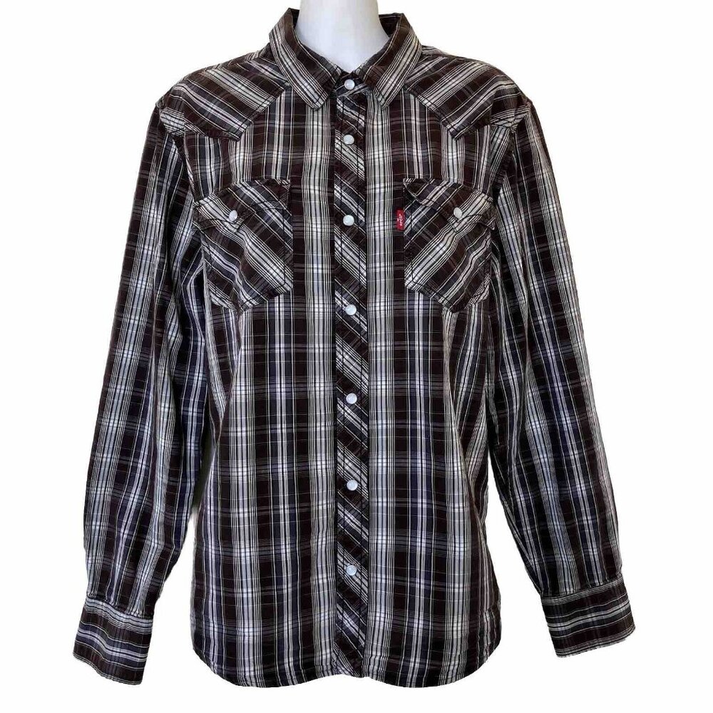 Levi's Ladies Western Pearl Snap Cowgirl Shirt Brown Plaid Cotton